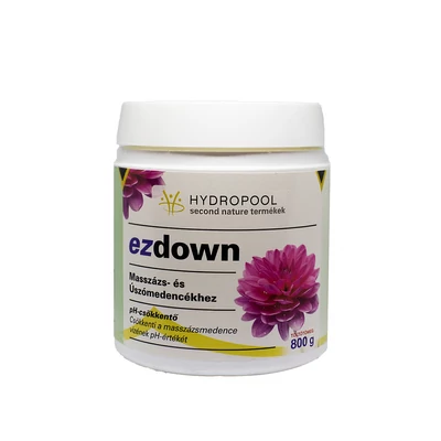 EZ DOWN pH-csökkentő granulátum, 800 g, fehér műanyag tégelyben, lila virágos címkével, masszázs- és úszómedencék vízkezeléséhez